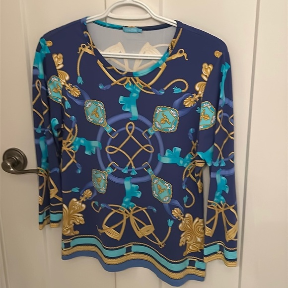 Versace-inspired J. McLaughlin luxe blue, aqua and gold equestrian top, size M - Picture 1 of 6